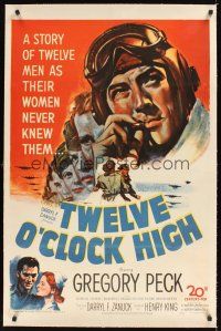 1a508 TWELVE O'CLOCK HIGH linen 1sh '50 cool artwork of smoking pilot Gregory Peck!