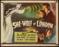 1b030 SHE-WOLF OF LONDON 1/2sh '46 cool art of spooky female hooded phantom + cast headshots!