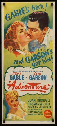1c042 ADVENTURE Aust daybill '45 stone litho art of Clark Gable w/Greer Garson & Joan Blondell!