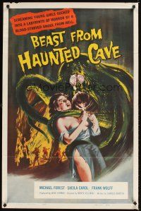1c078 BEAST FROM HAUNTED CAVE 1sh '59 Roger Corman, best art of monster w/ sexy near-naked victim!