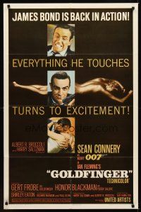 1c100 GOLDFINGER 1sh '64 3 great images of Sean Connery as James Bond + golden Shirley Eaton!