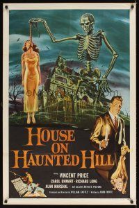 1c108 HOUSE ON HAUNTED HILL 1sh '59 classic art of Vincent Price & skeleton with hanging girl!