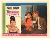 1c256 BREAKFAST AT TIFFANY'S LC #7 '61 Audrey Hepburn & George Peppard drinking coffee & smoking!