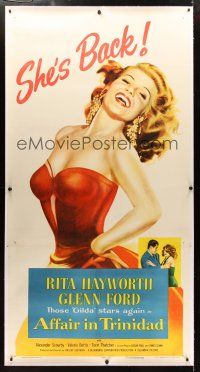 1d150 AFFAIR IN TRINIDAD linen 3sh '52 best art of sexiest Rita Hayworth laughing in low-cut dress!
