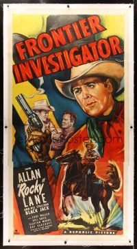 1d158 FRONTIER INVESTIGATOR linen 3sh '49 cool artwork of cowboy Allan Rocky Lane with smoking gun!