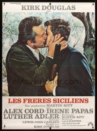 1d236 BROTHERHOOD linen French 1p '69 Kirk Douglas gives the kiss of death to Alex Cord!