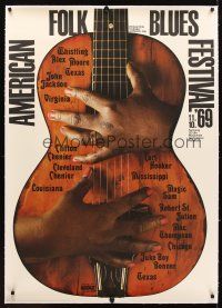 1d183 AMERICAN FOLK BLUES FESTIVAL linen 33x47 German music poster '69 cool close up guitar image!