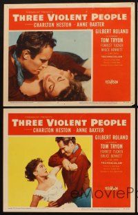 1f818 THREE VIOLENT PEOPLE 4 LCs '56 sexy Anne Baxter, Charlton Heston & Gilbert Roland!