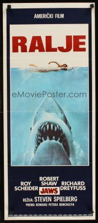 1h359 JAWS Yugoslavian 13x32 '75 art of Spielberg's classic man-eating shark attacking sexy swimmer!