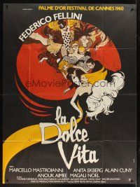 1k675 LA DOLCE VITA French 1p R70s Federico Fellini, different art of Mastroianni & Ekberg by Thos