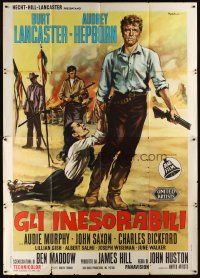1k018 UNFORGIVEN Italian 2p R60s art of Burt Lancaster & Audrey Hepburn by Colizzi, John Huston!
