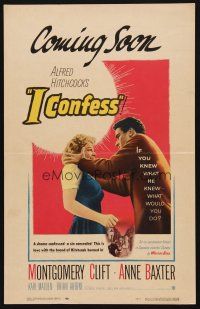1k125 I CONFESS WC '53 Alfred Hitchcock, art of Montgomery Clift shaking Anne Baxter!