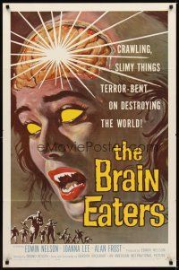 1r144 BRAIN EATERS 1sh '58 AIP, classic horror art of girl's brain exploding!