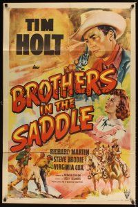 1r151 BROTHERS IN THE SADDLE style A 1sh '48 cool western art of cowboy Tim Holt, Virginia Cox!