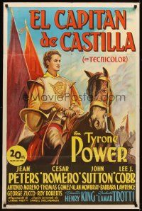 1r171 CAPTAIN FROM CASTILE Spanish/U.S. 1sh '47 cool stone litho of Tyrone Power in armor on horse!