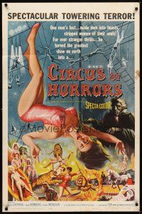 1r198 CIRCUS OF HORRORS 1sh '60 outrageous horror art of sexy trapeze girl hanging by neck!