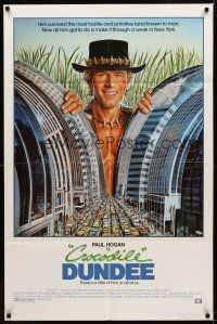 1r220 CROCODILE DUNDEE int'l 1sh '86 cool art of Paul Hogan looming over New York City by Gouzee!