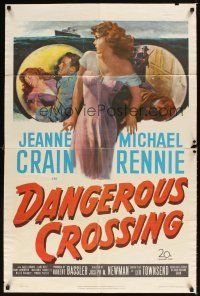 1r227 DANGEROUS CROSSING 1sh '53 artwork of very sexy Jeanne Crain in nightie, Michael Rennie!