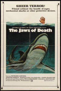 1r496 JAWS OF DEATH 1sh '76 great artwork image of giant shark underwater!