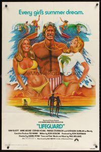1r536 LIFEGUARD 1sh '76 art of barechested Sam Elliot with sexy beach babes by Roger Huyssen!