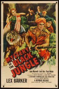 1r628 MYSTERY OF THE BLACK JUNGLE 1sh '55 art of Lex Barker w/rifle by tiger hunting in India!