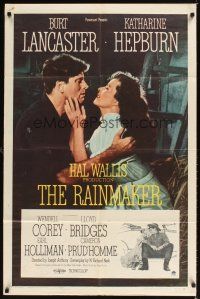 1r735 RAINMAKER 1sh '56 great romantic close up of Burt Lancaster & Katharine Hepburn!