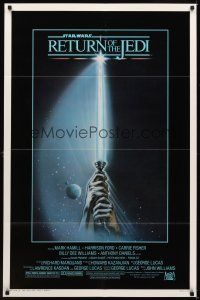 1r743 RETURN OF THE JEDI 1sh '83 George Lucas classic, great art of hands holding lightsaber!