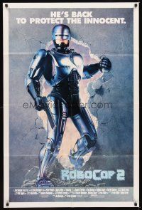 1r755 ROBOCOP 2 1sh '90 super close up of cyborg policeman Peter Weller, sci-fi sequel!