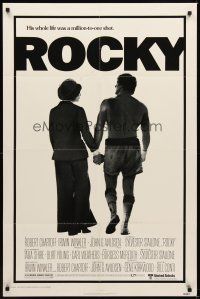 1r758 ROCKY 1sh '76 boxer Sylvester Stallone holding hands with Talia Shire, boxing classic!