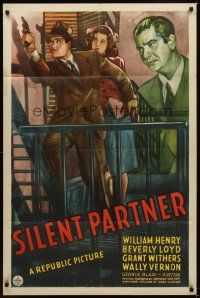 1r816 SILENT PARTNER 1sh '44 art of William Henry with gun & Beverly Lloyd on fire escape!