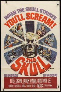 1r821 SKULL 1sh '65 Peter Cushing, Christopher Lee, cool horror artwork of creepy skull!