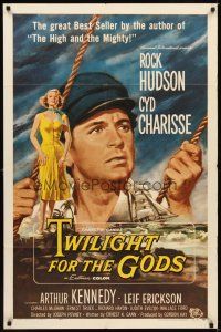 1r920 TWILIGHT FOR THE GODS 1sh '58 great artwork of Rock Hudson & sexy Cyd Charisse on beach!