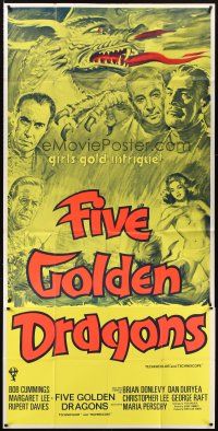 1t008 FIVE GOLDEN DRAGONS English 3sh '67 cool montage art of Chris Lee, Kinski, Raft & Cummings!