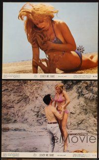 1w141 COVER ME BABE 6 color 8x10 stills '70 image of hands in sand grabbing sexy bikini babe!