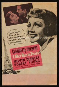 1x494 I MET HIM IN PARIS herald '37 Claudette Colbert, Melvyn Douglas, Eiffel Tower!