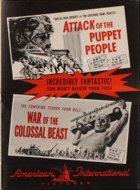 1x569 ATTACK OF THE PUPPET PEOPLE/WAR OF COLOSSAL BEAST pressbook '58 Bert I. Gordon double bill!