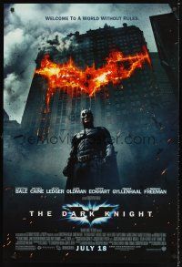 2c175 DARK KNIGHT advance DS 1sh '08 Christian Bale as Batman in front of flaming building!