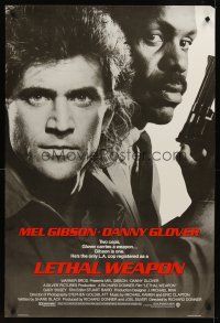 2c384 LETHAL WEAPON advance 1sh '87 great close image of cop partners Mel Gibson & Danny Glover!