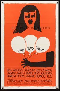 2c490 ONE, TWO, THREE 1sh '62 Billy Wilder, wonderful Saul Bass art of girl with balloons!