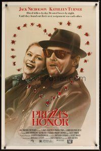 2c537 PRIZZI'S HONOR 1sh '85 cool art of smoking Jack Nicholson & Kathleen Turner w/bullet holes!