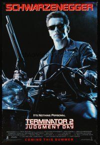 2c685 TERMINATOR 2 advance DS 1sh '91 James Cameron, Arnold Schwarzenegger on motorcycle w/shotgun!