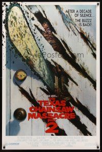 2c690 TEXAS CHAINSAW MASSACRE PART 2 door style 1sh '86 Tobe Hooper horror sequel, cool Huston art!