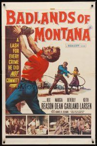2j090 BADLANDS OF MONTANA 1sh '57 artwork of Rex Reason whipped for crimes he did not commit!