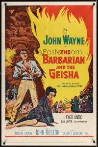 2j092 BARBARIAN & THE GEISHA 1sh '58 John Huston, art of John Wayne with torch & Eiko Ando!