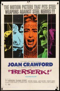 2j105 BERSERK 1sh '67 crazy Joan Crawford, sexy Diana Dors, pits steel weapons vs steel nerves!