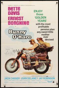 2j162 BUNNY O'HARE 1sh '71 Bette Davis & Ernest Borgnine on Triumph motorcycle!