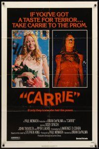 2j181 CARRIE 1sh '76 Stephen King, Sissy Spacek before and after her bloodbath at the prom!