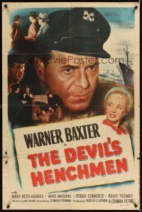 2j287 DEVIL'S HENCHMEN 1sh '49 Warner Baxter, Mary Beth Hughes, murder sweeps the waterfront!