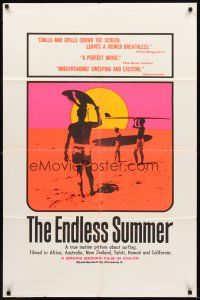 2j320 ENDLESS SUMMER 1sh '67 Bruce Brown surfing sports classic, art of surfers on beach!