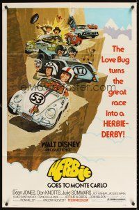 2j425 HERBIE GOES TO MONTE CARLO 1sh '77 Disney, wacky art of Volkswagen Beetle car racing!